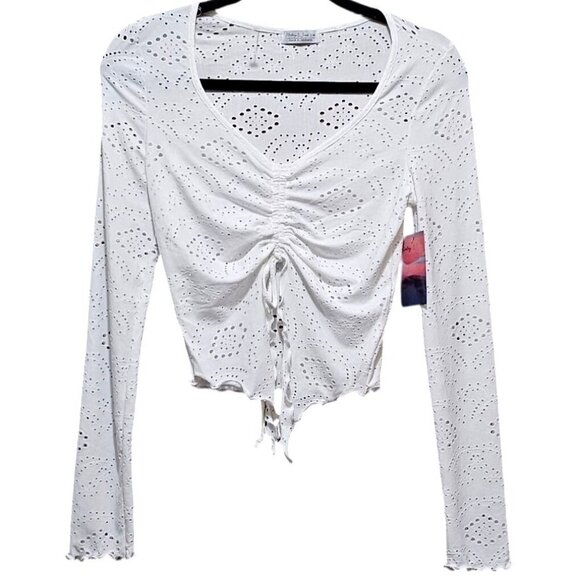 Haley & June White Cropped Long-Sleeve Eyelet Top W/ Ruched Drawstring Front Med - Picture 1 of 7
